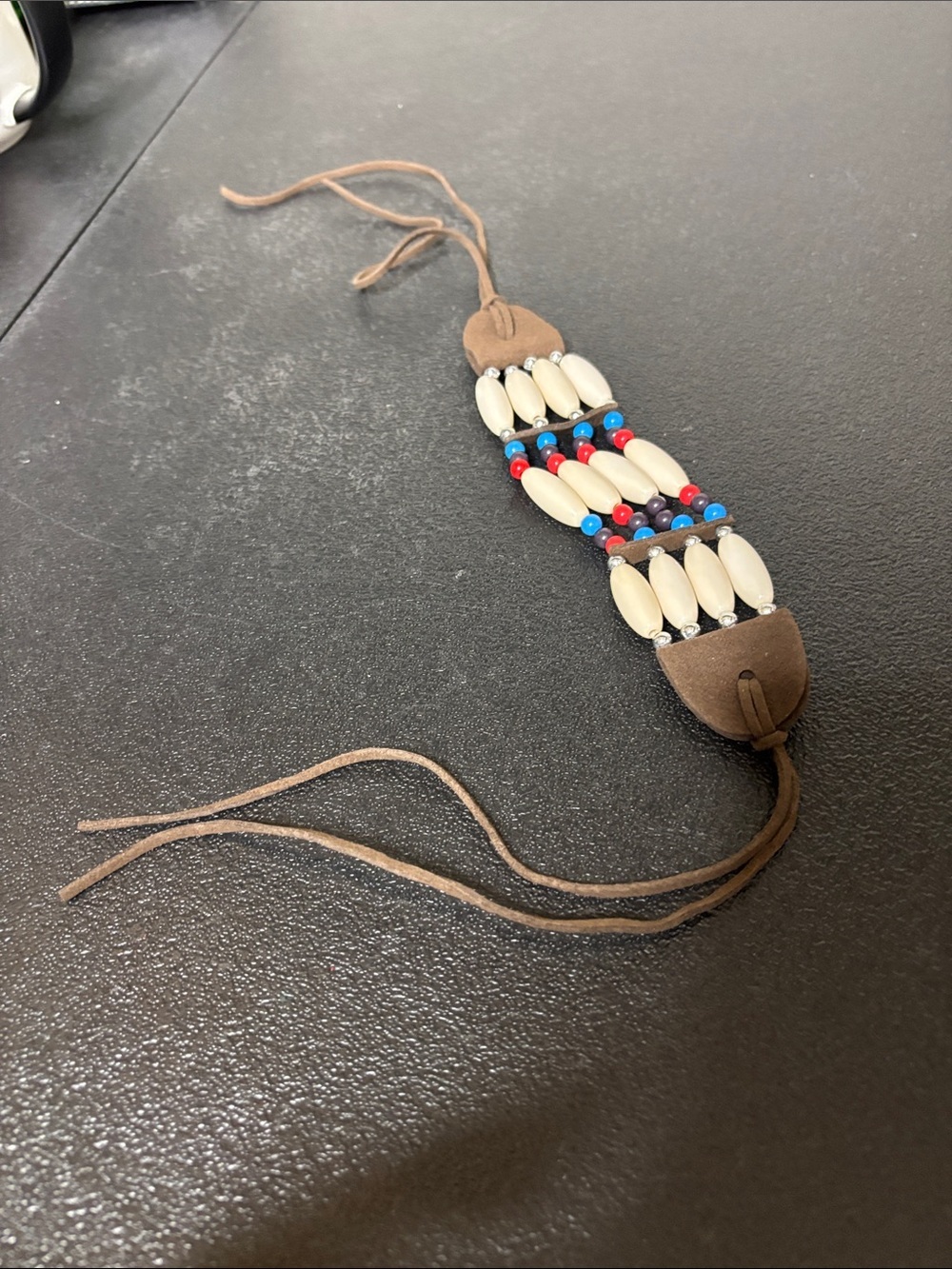 Boho Coachella Festival Beaded Leather Choker Ivory, Red & Blue Accents